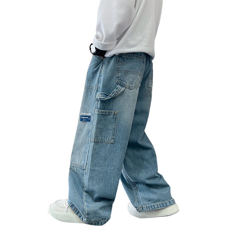 男童秋冬a装阔腿工装牛仔裤2023新款长裤中大童春秋直筒加绒裤子