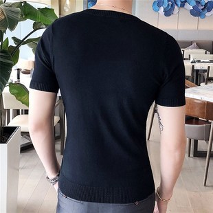 毛线 J体恤修身 针织衫 短袖 t恤V领线衫 男装 打底衫 毛衫 纯色薄款 半袖