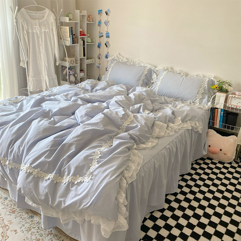 韩式公主风蓝灰色全棉水洗棉床上四件套床裙款少R女心花边纯棉被