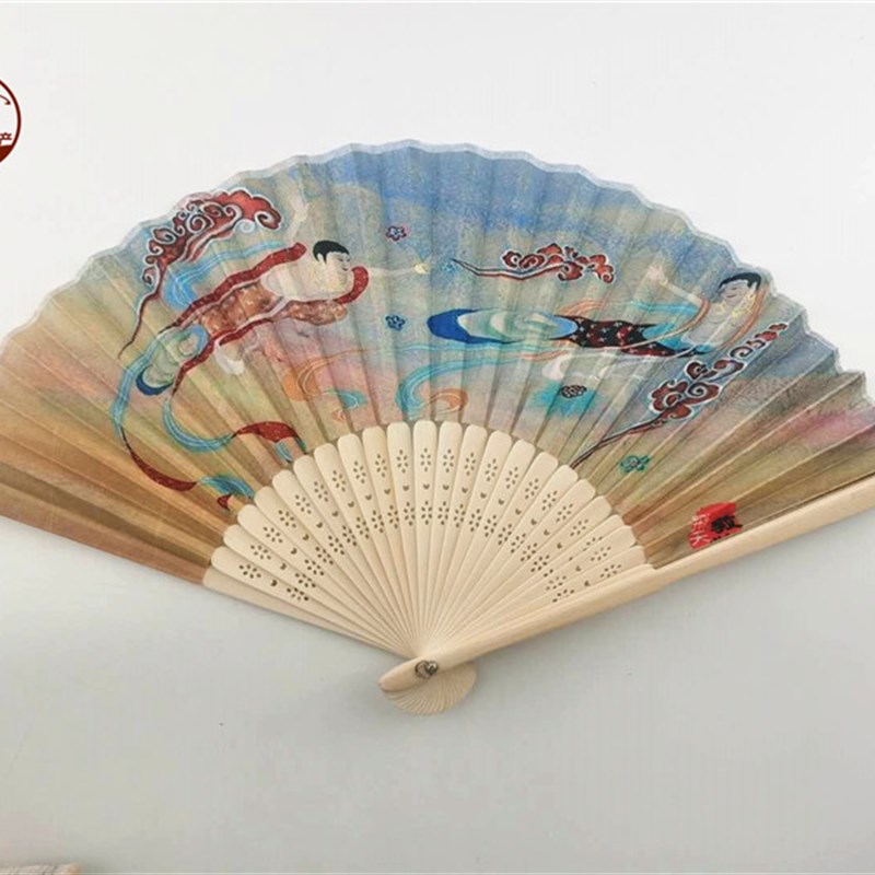 敦煌飞天折扇文i创扇子中国风古典汉服礼品绫绢扇舞蹈扇复古手工