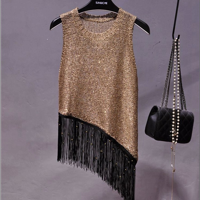 韩版2019新款夏季亮片s流苏背心金线小吊带外穿无袖针织珠片上衣