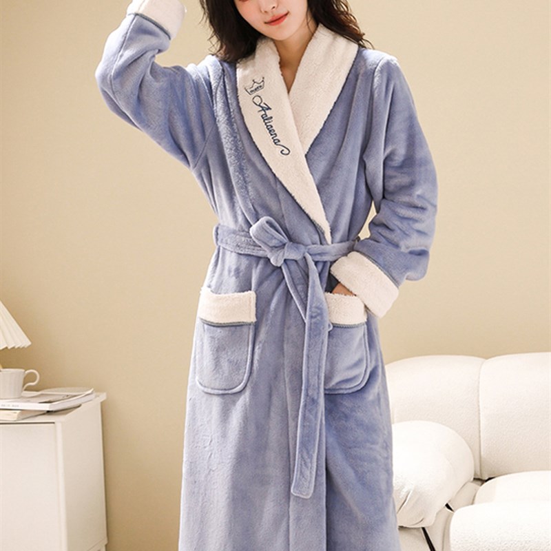 睡袍女秋冬长款珊瑚绒加厚加绒保暖睡衣2I022新款法兰绒浴袍家居