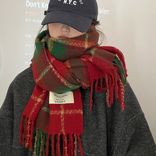 红色圣诞a款格子围巾女生冬季2023新款百搭保暖格子韩版围脖披肩