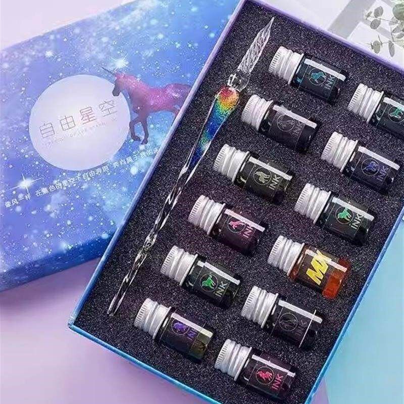 透明水晶玻璃笔蘸水钢笔套装彩色梦幻星J空古风彩墨流沙学生文具