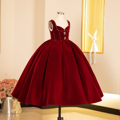女童礼服轻奢小众j高端花童婚礼红色公主裙秋冬丝绒主持钢琴演出