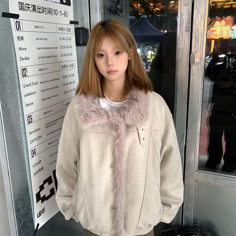 美式覆古麂皮绒毛领棉服女冬季2025新款设计感加绒U加厚夹克外套