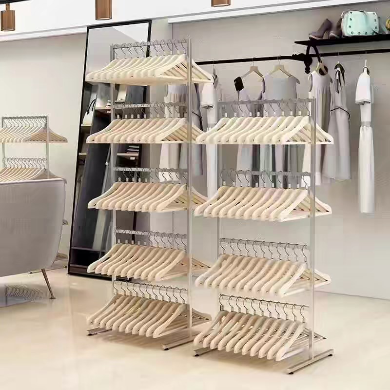 不锈钢服装店放衣架收纳架可v移动收纳童装衣服架子多层裤夹收纳
