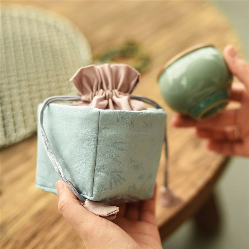 高档纯棉茶具茶杯收n纳布袋子文玩首饰手镯包装袋抽绳束口布包便