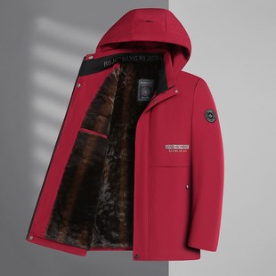 棉衣男爸爸裝 秋冬加絨加厚連帽可拆卸保暖中老年T棉服紅色外套上