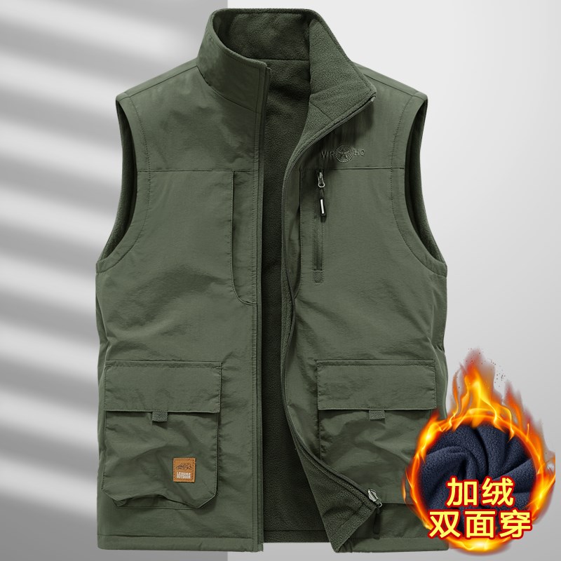 双面穿秋冬季中老年人马甲男加绒加厚摇粒绒O保暖背心爸爸爷爷装
