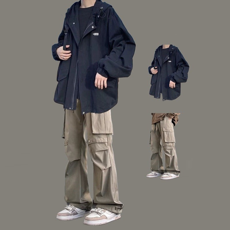 港风连帽工装外套男士秋季潮流痞帅bf风衣夹克一套搭配.青少年套