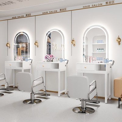 免打孔理发店镜j台美容美发镜柜子一体工具柜网红带灯LED镜台