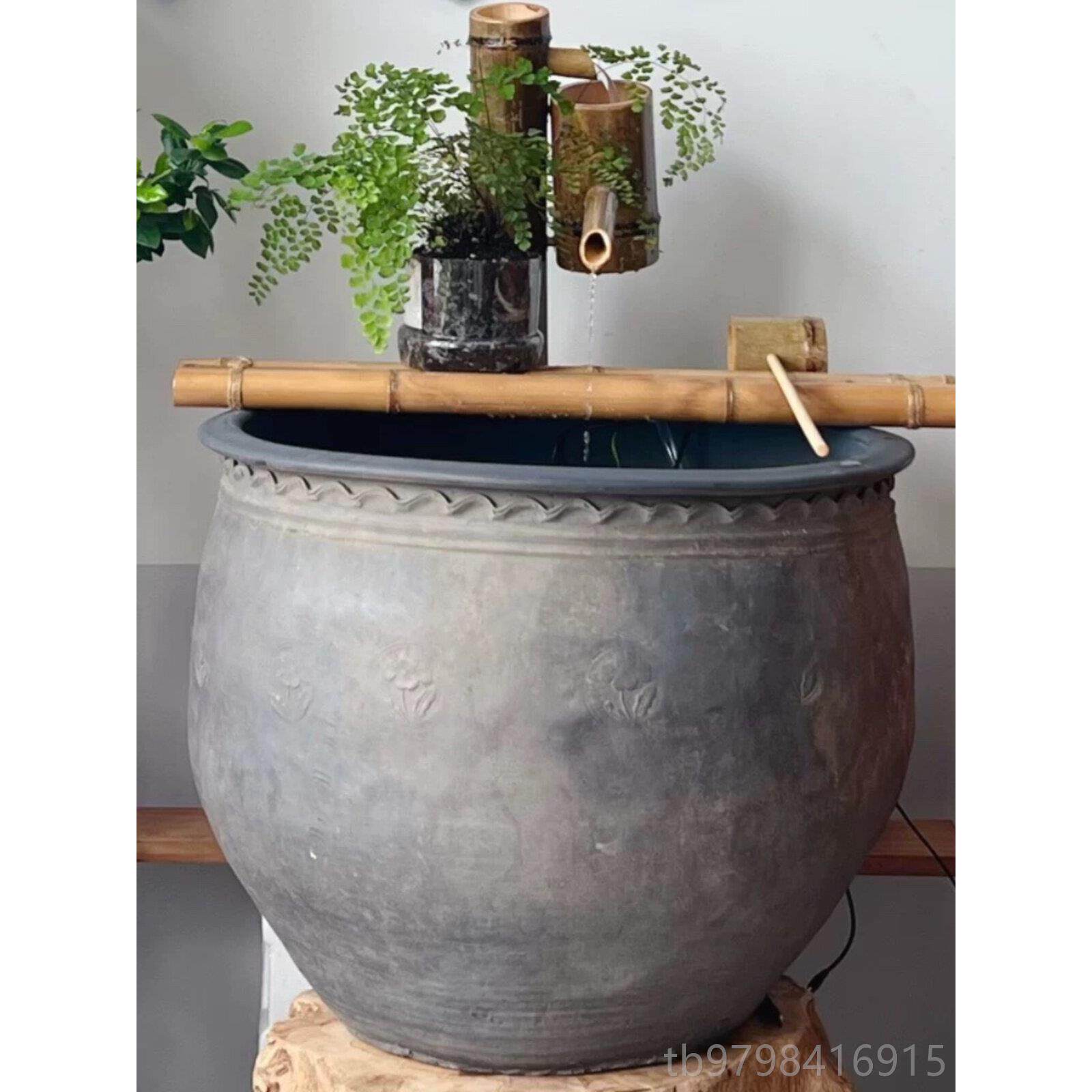 正品包邮土盆陶鱼缸金养鱼荷花睡莲老北京黑陶缸造景粗陶庭摆院流
