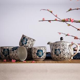 泡茶壶整套和风简约釉下手绘陶瓷带滤家用复古茶壶套装 日式 茶具