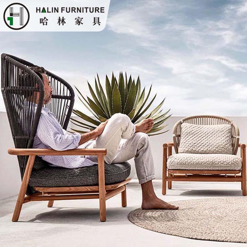 北欧藤编沙发柚木设计师单人休闲阳台绳编户外花园庭院露台高背椅