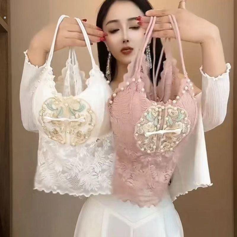 国风吊带背心女2024年新款重工钉珠刺绣蕾丝内搭打底衫带罩杯美背