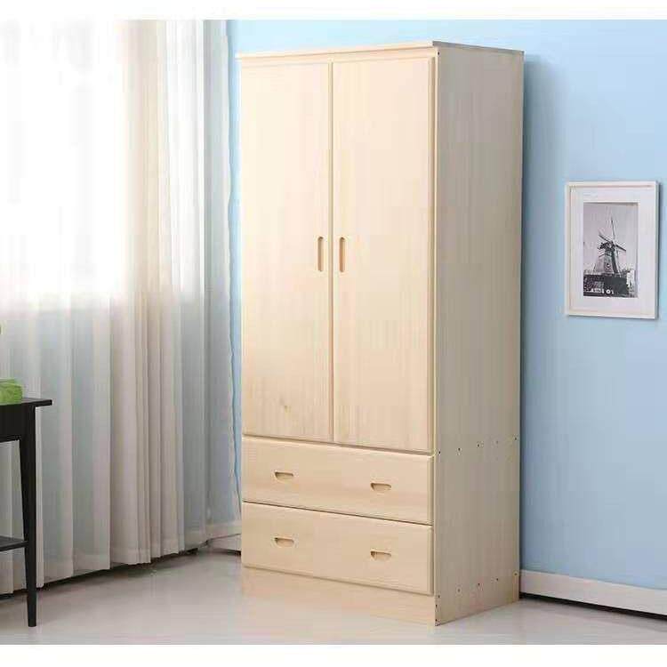 全实木松木衣柜两门对开 带抽屉原木衣橱松儿童简易衣柜收纳柜定