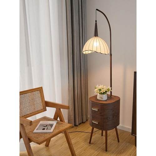 中古风抽屉落地灯客厅沙发旁实木茶几灯卧室床头柜一体覆古落地灯