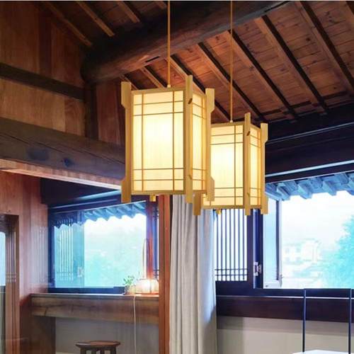 木艺小吊灯方形宫灯卡座过道走廊中式复古侘寂风简约原木色餐吊灯