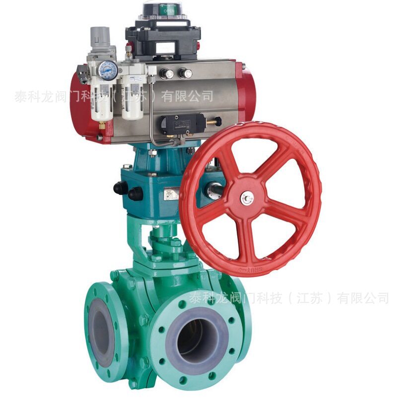 Q644 45F46气动手动一体带手轮钢衬四氟三通换向法兰球阀