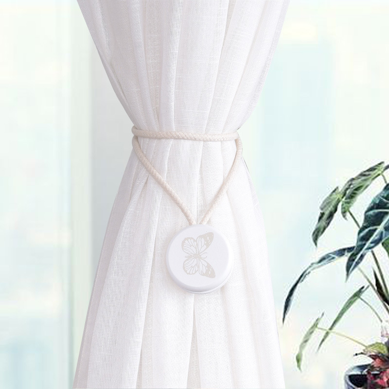 批发简约磁铁窗帘系带圆形木片窗帘扣百搭窗帘挂钩免打孔创意绑带