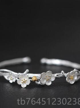 高档入梦长久s手925朵纯银镯意女开口手工文艺梅花银饰花饰品创礼