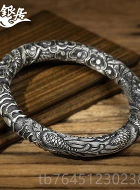 高档祥银居云南花创工银 原设计穿云龙雪足银手镯古法做旧高浮雕.