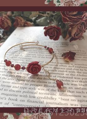 高档白日萌玫瑰精花水晶链女朱砂石榴石致镯纯银轻奢手闺蜜小众i