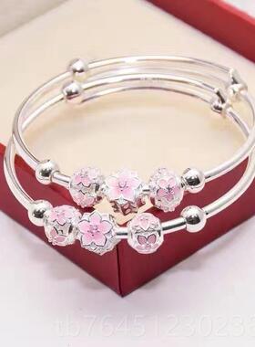 高档实心9999儿童三生手三桃花纯银女镯足银情人世送女节友送女儿