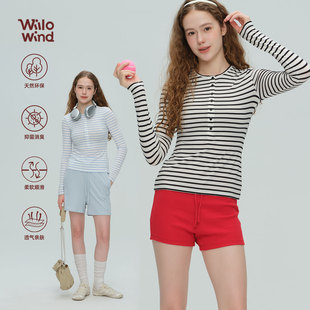 Willowind春夏新款瑜伽服女天丝纤维宽松长袖消臭抑菌透气条纹T