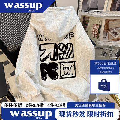WASSUP秋冬新款美式高街复古oversize连帽套头卫衣男宽松休闲情侣