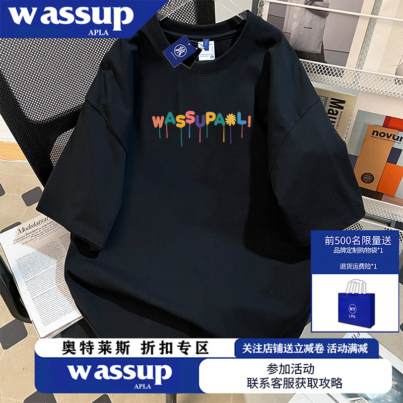 WASSUP夏秋季韩系彩色英文字母印花短袖男T恤女街头情侣宽松上衣