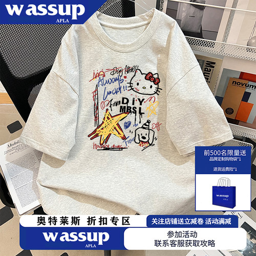 WASSUP甜酷风暗黑kt猫印花亚比夏季宽松短袖男女情侣T恤上衣