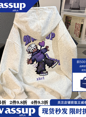 WASSUP秋冬季新款美式复古爱心男孩印花连帽套头卫衣宽松高街情侣