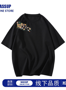 WASSUP美式复古花卉黑色印花短袖女夏季新款oversize半袖宽松上衣