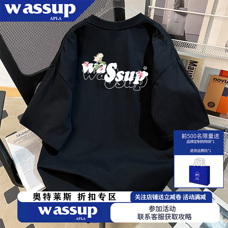 WASSUP夏秋季韩系花朵英文字母印花短袖男T恤女街头情侣宽松上衣