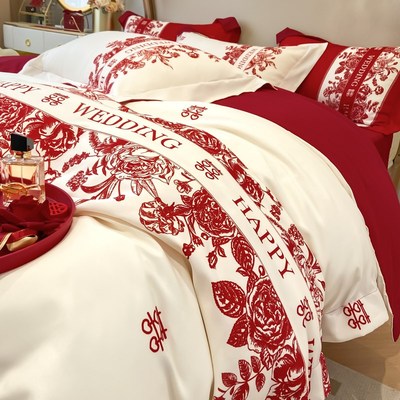 高档婚庆四件套结婚红色喜庆印花被套床笠新婚房喜被陪嫁床上用品