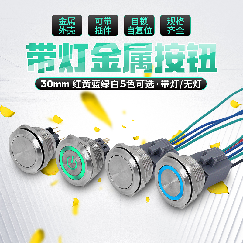 30mm金属按钮 带灯自复自锁 不锈钢电源启动按钮 防水点动开关