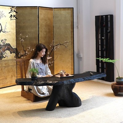 精选寂然榻榻米茶几侘寂风实木茶桌黑色炭化设计师民宿茶室矮桌子