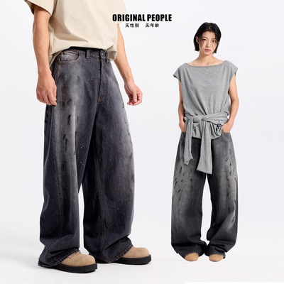 ORIGINAL PEOPLE[O:P LINK系列]设计感复古渐变泼墨阔腿牛仔裤