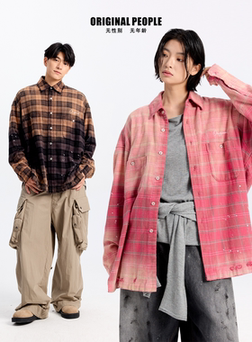 ORIGINAL PEOPLE[O:P LINK系列]春秋渐变格纹衬衫外套女衬衣上衣