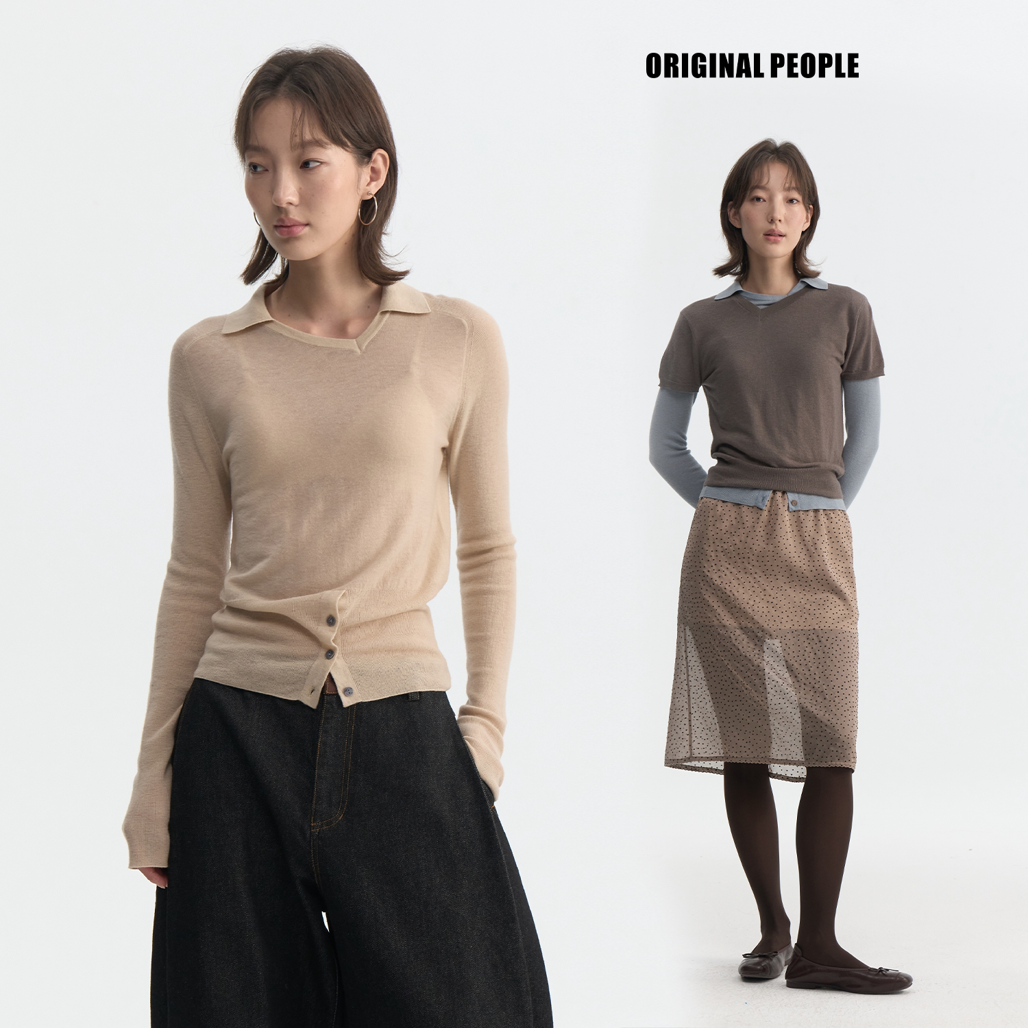 ORIGINAL PEOPLE早秋超细100水溶羊毛设计感可叠穿针织短袖+长袖图片