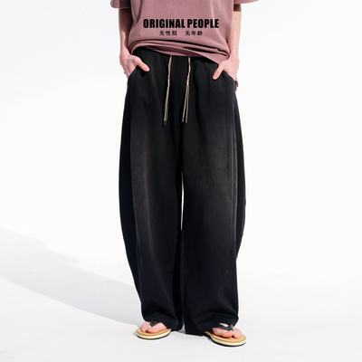 ORIGINAL PEOPLE水洗做旧垂坠感亲肤棉抽绳松紧腰立体弯刀卫裤