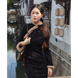 加绒加厚黑色毛领保暖气质优雅女高端 冬季 墨绮冬款 旗袍2025新款