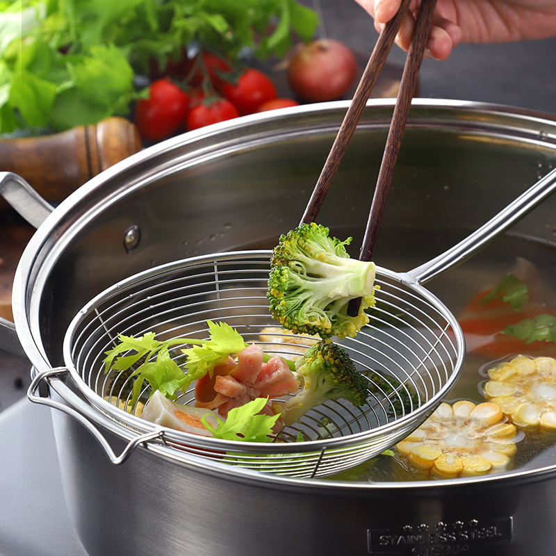 304不锈钢线漏带勾空心柄油炸捞勺火锅线漏勺砂光油格厨具工具