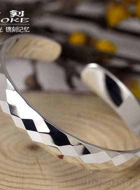 高档999银手镯女纯银立年轻款时开子尚饰品新水方实心银镯简约口