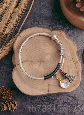 高档银手镯女99纯银古实心流苏古法复宫风铃吊坠民族古风拢推拉银