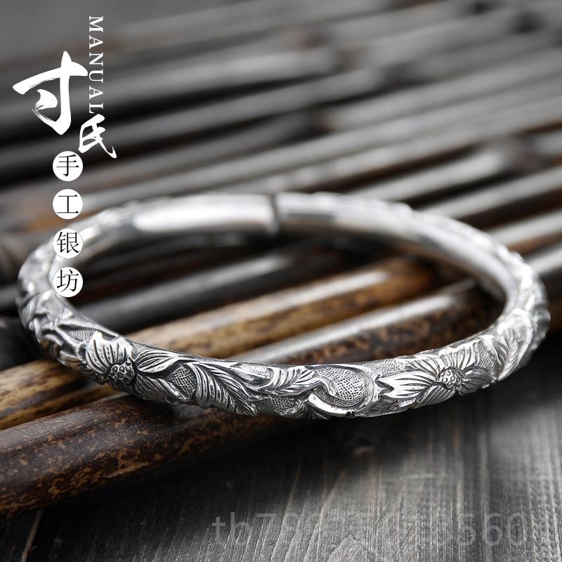 高档民风族99足纯手纯工云南雪花银圆柱满雕莲花银镯个银性女款银
