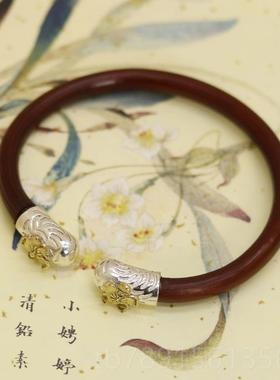 高档张爱玲款 925纯复古金纯铜花朵 鸡血藤古风手同银镯天藤色记
