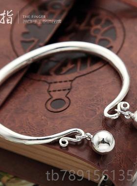 高档银镯女999口足银手宫铃铛光面实心纯银饰品开网红环年轻款手